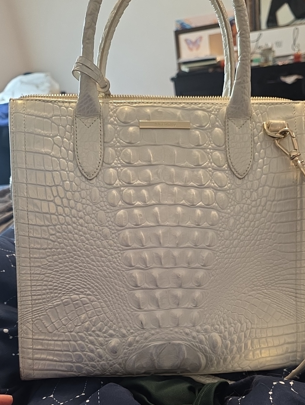 Brahmin Caroline Shell White Melboune Croc-Embossed Leather Tote with Gold Hrdwr